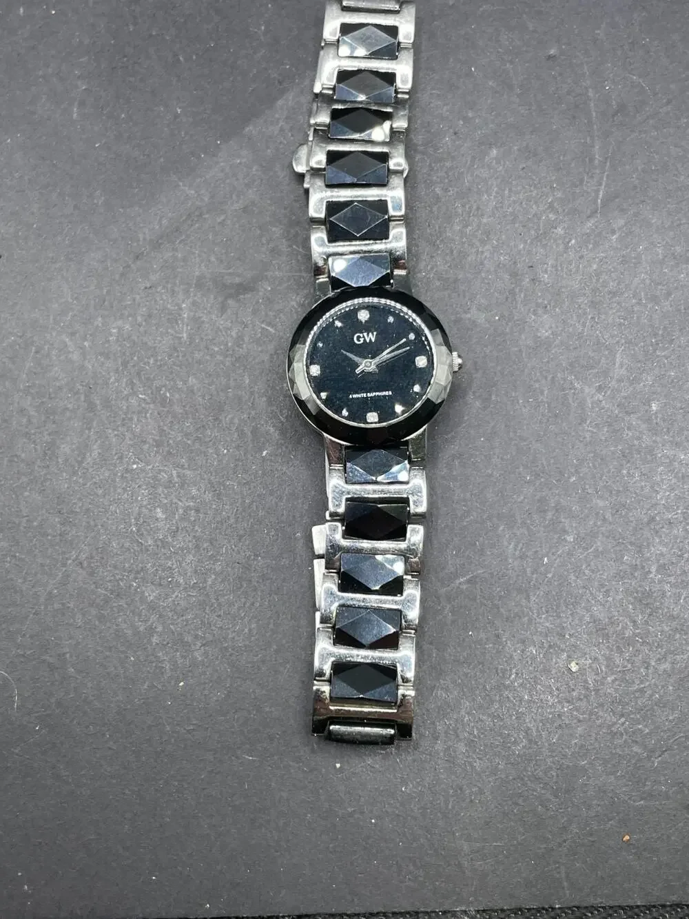 Vtg GW Quartz Watch 4 White Sapphire Black Dial Stainless Steel Band 23mm